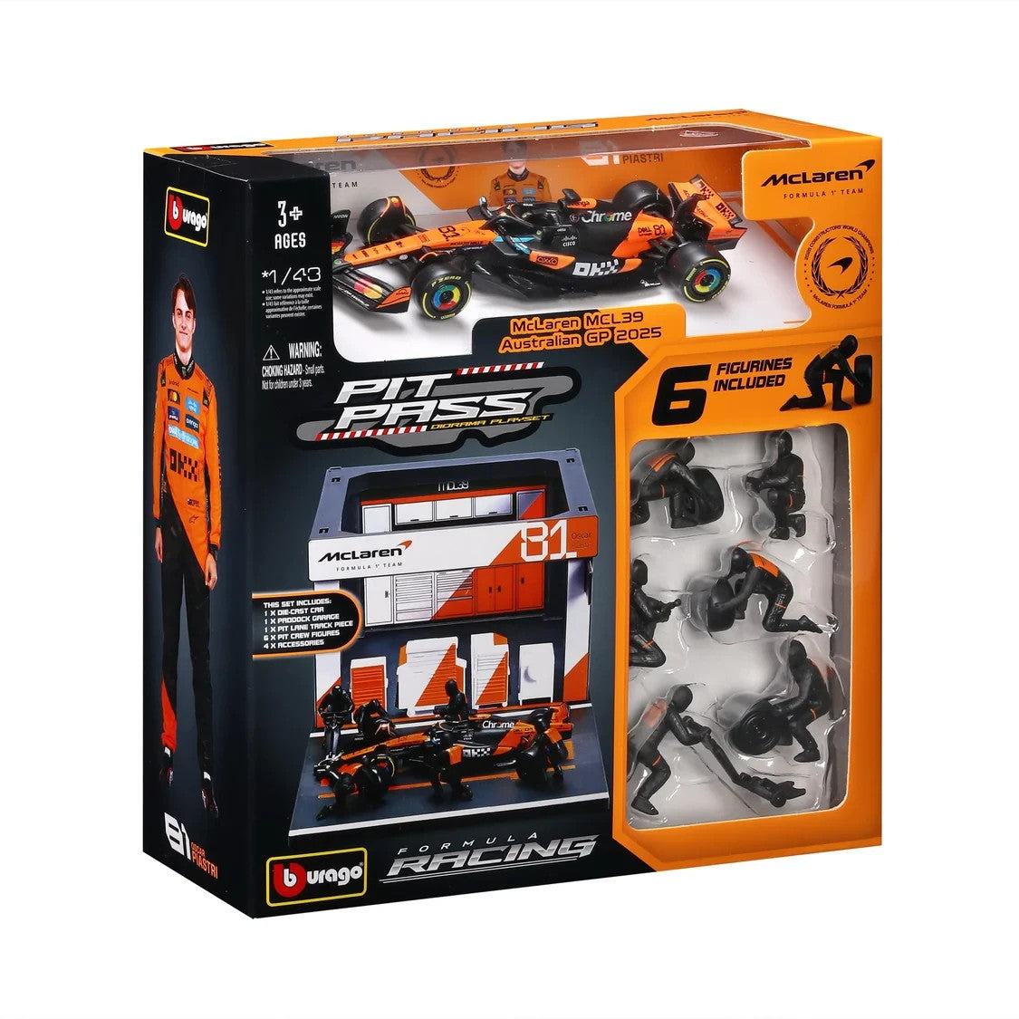 Burago 1:43 McLaren MCL39 Australian GP 2025 O.Piastri Pit Pass Diorma Playset -  #18-38457P