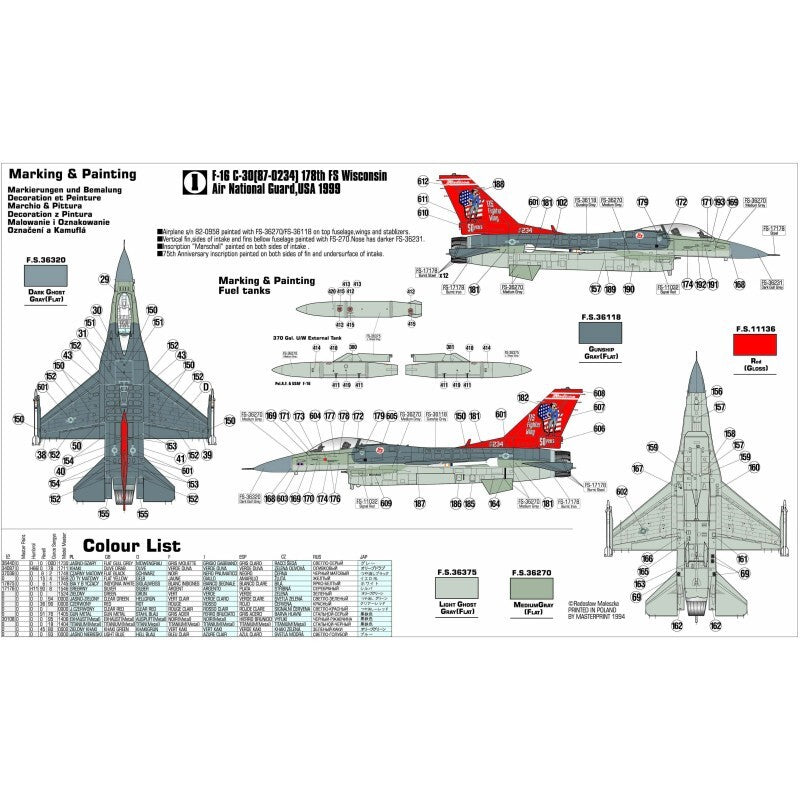 MisterCraft Hobby Kits 1:72 Scale (D-74) F-16C-30 Block 30 'Wisconsin ANG' 40741