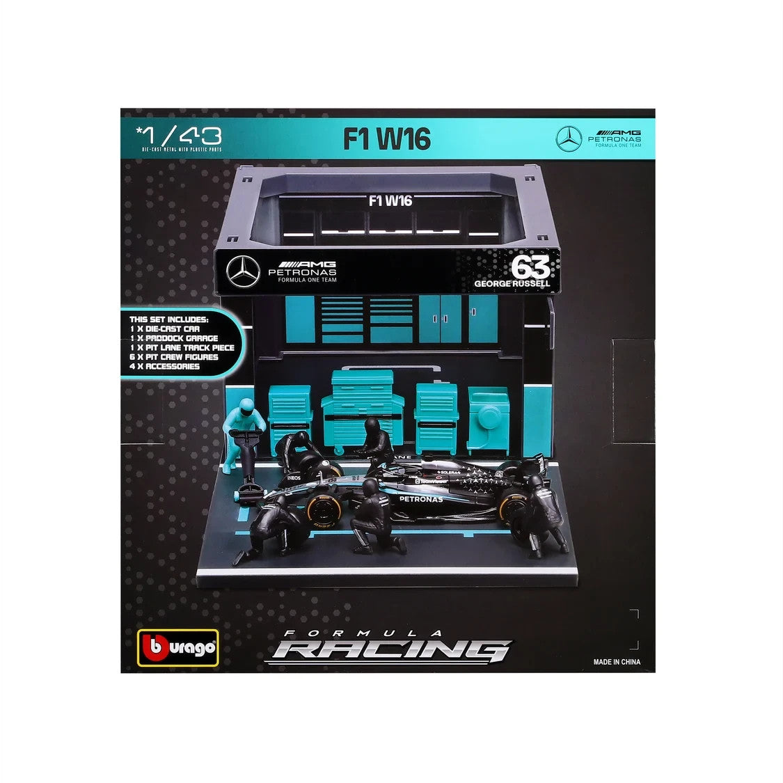 Burago 1:43 Scale Mercedes-AMG Petronas Forumla One Team Pit Pass Diorma Playset - #18-38458R