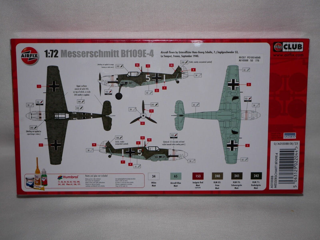 Airfix 1:72 WW2 Messerschmutt Bf109E-4 Plastic Model Kit Skill Level 1 - A01008B