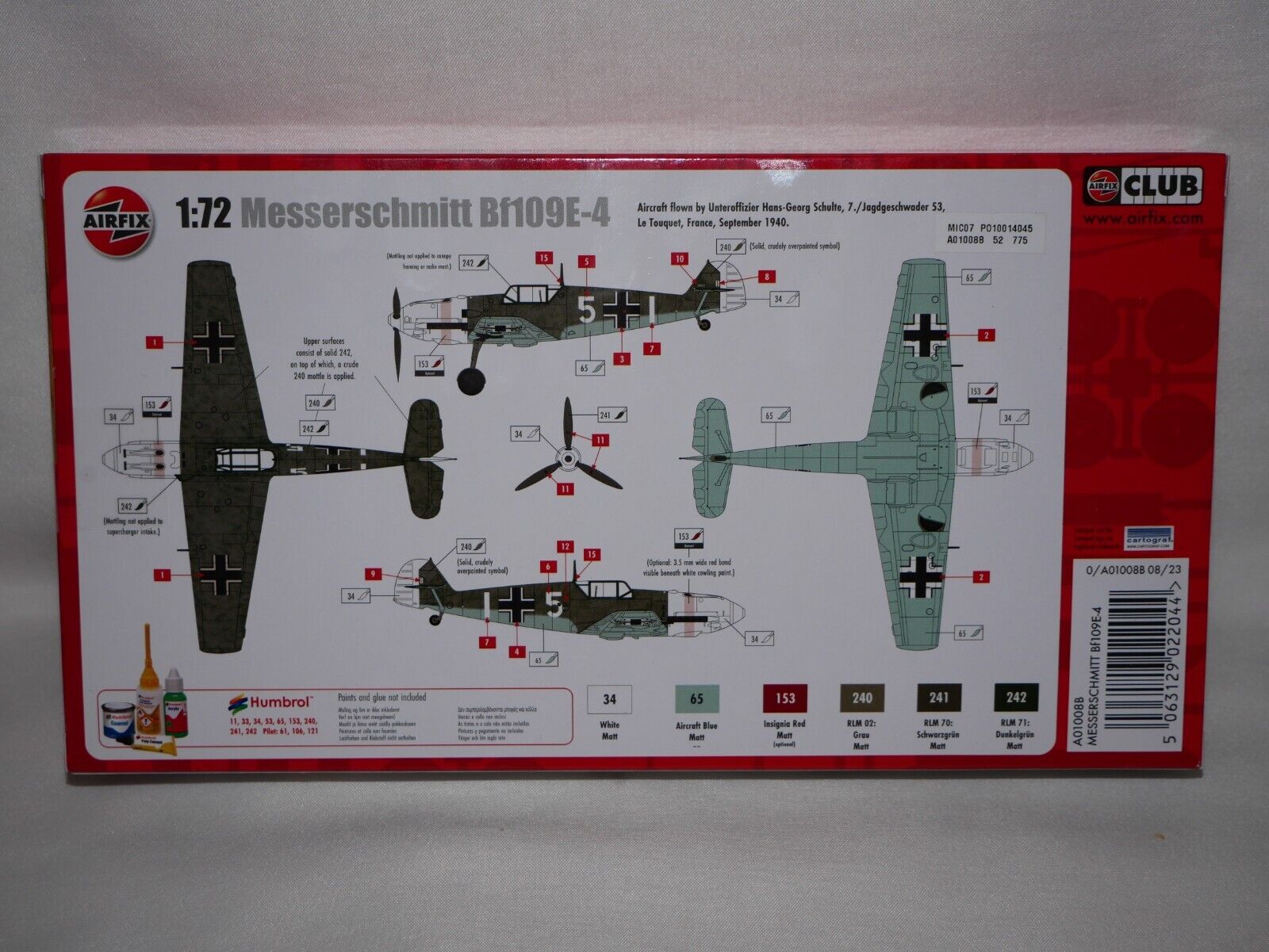 Airfix 1:72 WW2 Messerschmutt Bf109E-4 Plastic Model Kit Skill Level 1 - A01008B