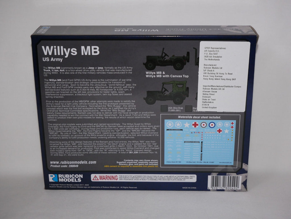 Rubicon Models 1:56 Scale Willys MB US Army 1/4 Ton 4x4 Utility Truck - 280049