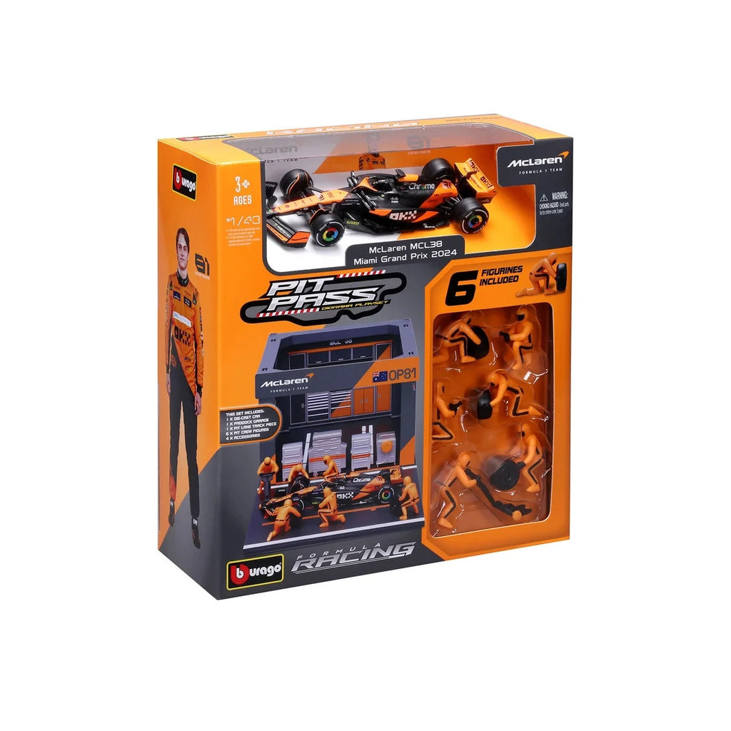 Burago 1:43 Scale McLaren MCL38 Miami GP 2024 O.Piastri Pit Pass Diorma Playset - #18-38451P