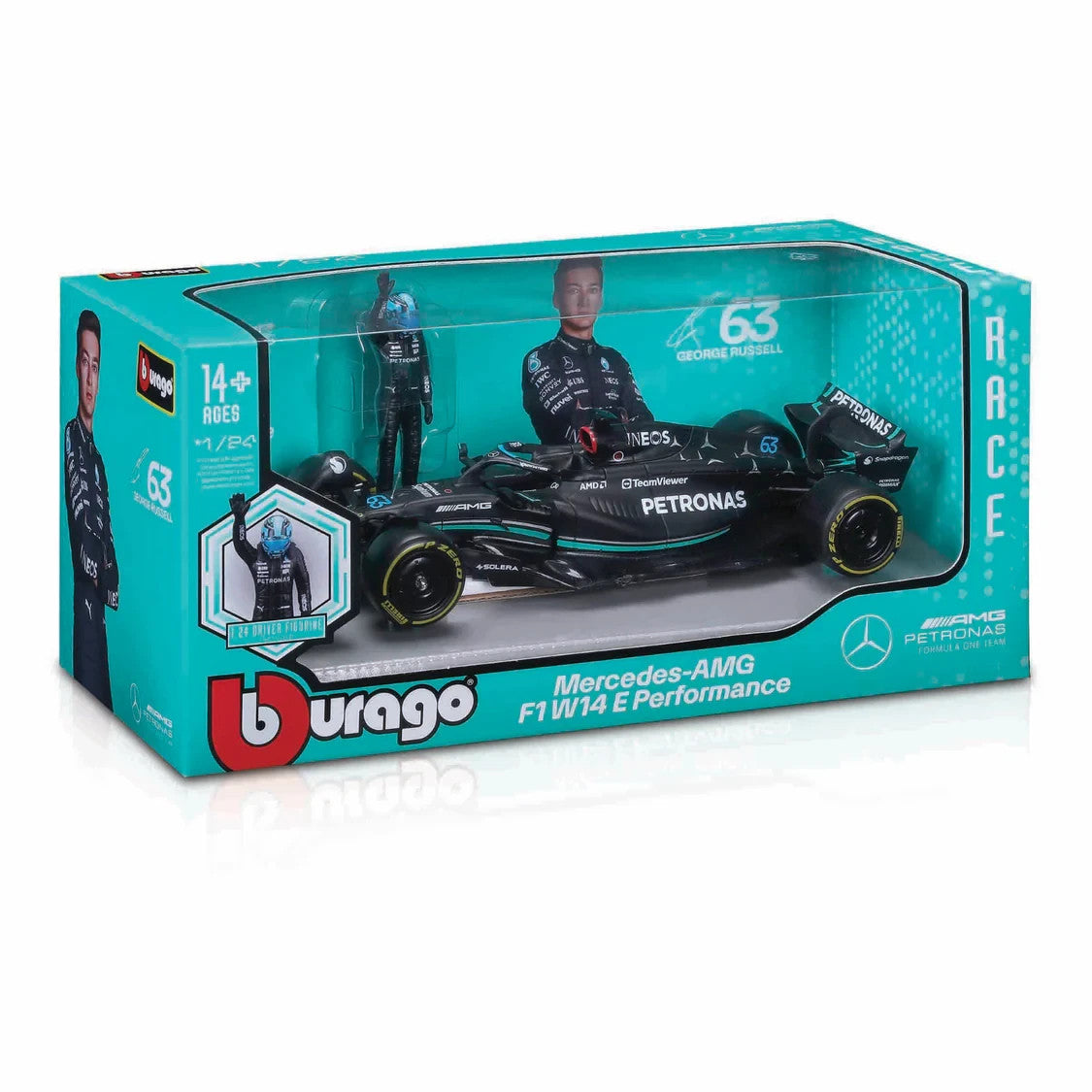 Burago 1:24 Scale Mercedes-AMG Petronas W14 With No.63 Russell Figure #18-28037R