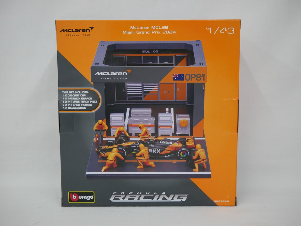 Burago 1:43 Scale McLaren MCL38 Miami GP 2024 O.Piastri Pit Pass Diorma Playset - #18-38451P