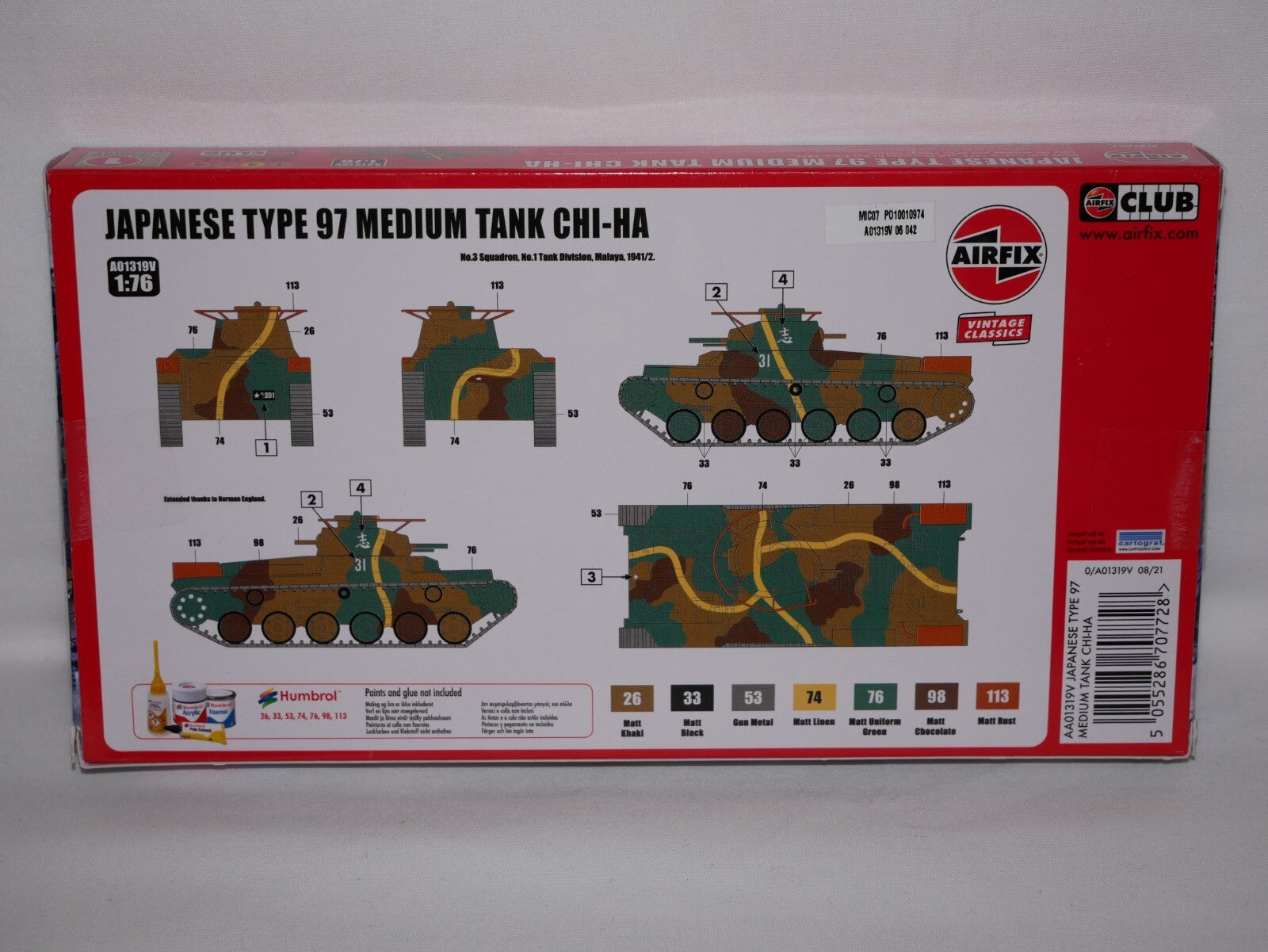 Airfix Vintage Classics 1:76 Japanese Type 97 Medium CHI-HA Tank Level 2 A01319V