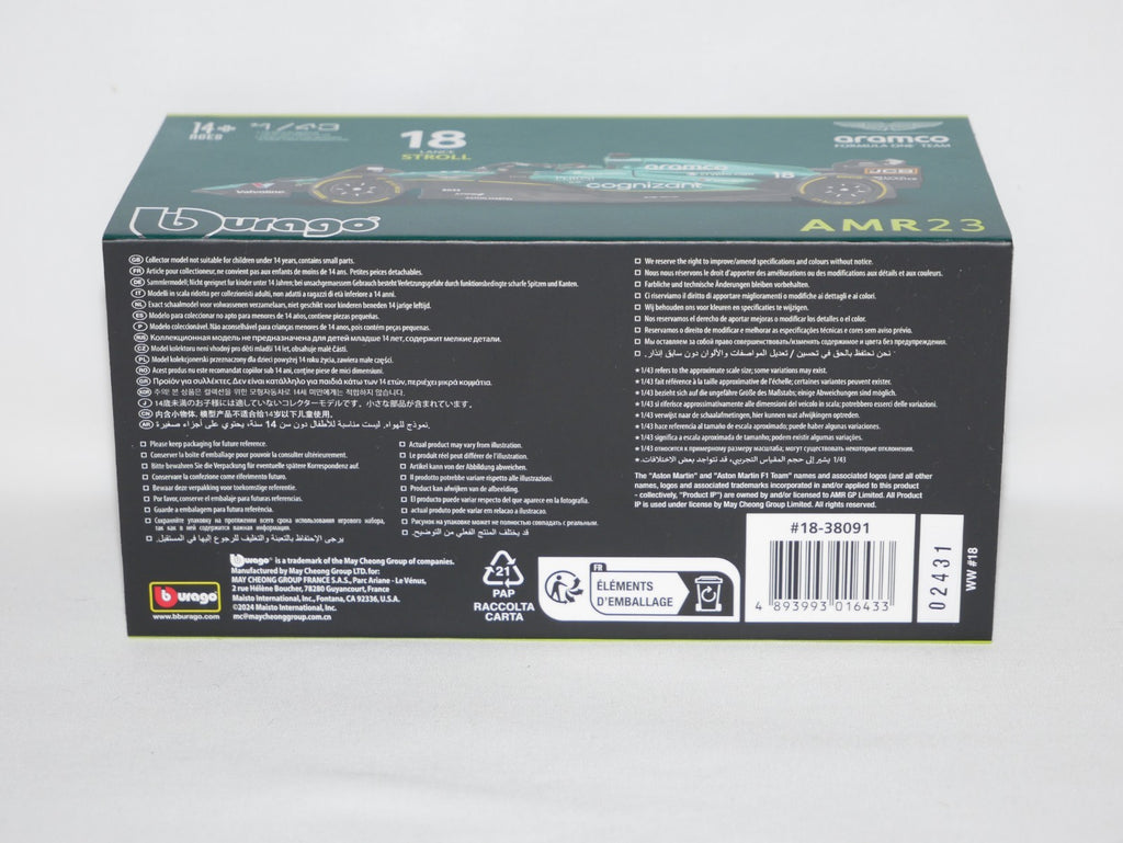 Burago 1:43 Aston Martin Cognizant Aramco F1 Team AMR23 No.18 Stroll #18-38091S