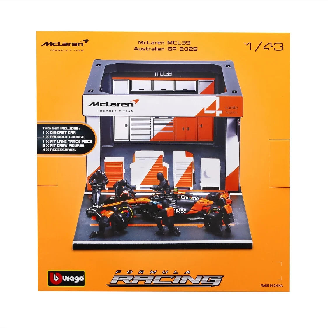 Burago 1:43 McLaren MCL39 Australian GP 2025 L.Norris Pit Pass Diorma Playset - #18-38457N