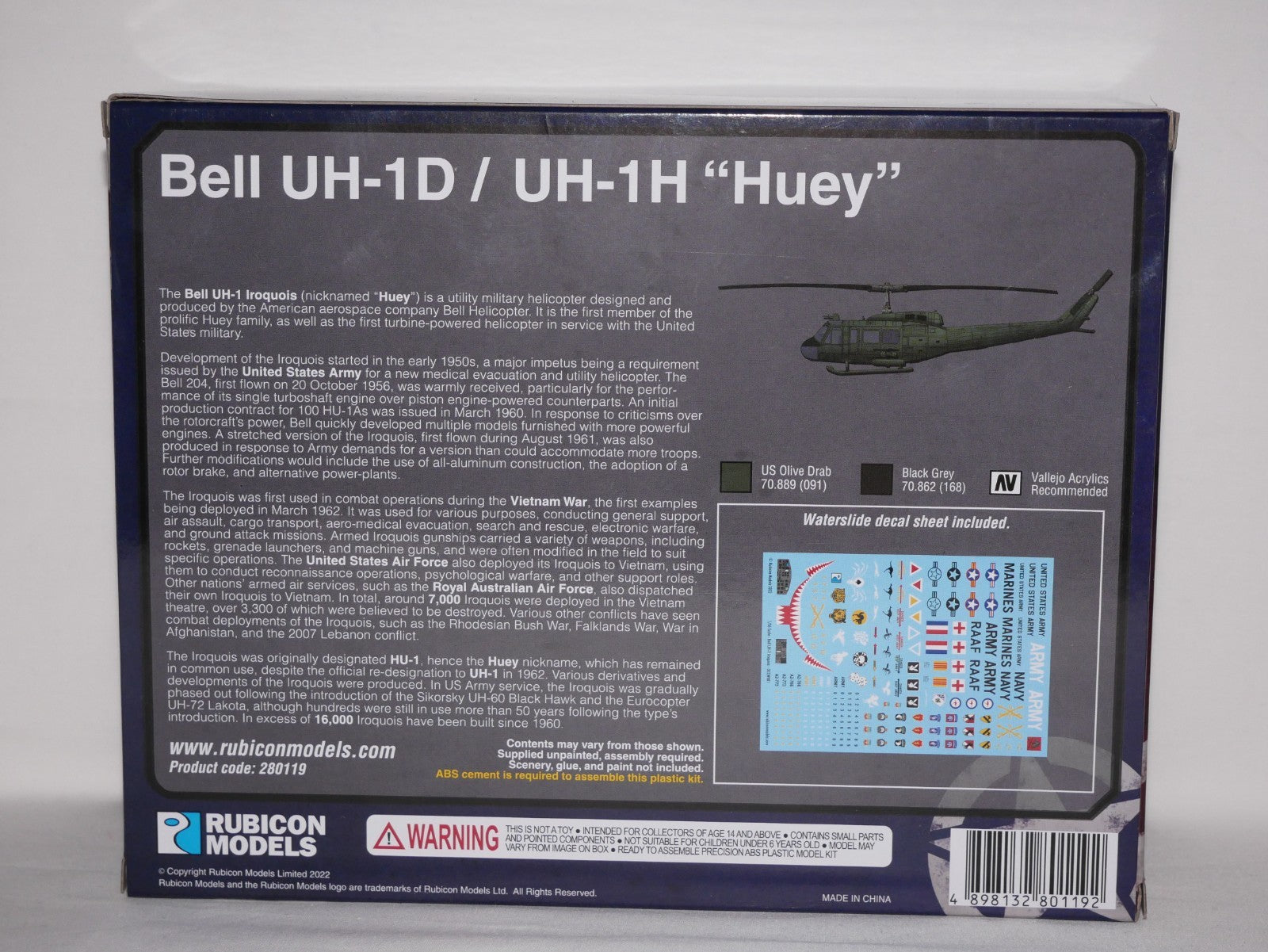 Rubicon Models 1:56 Scale Bell UH-1D / UH-1H "Huey" Military Helicopter - 280119