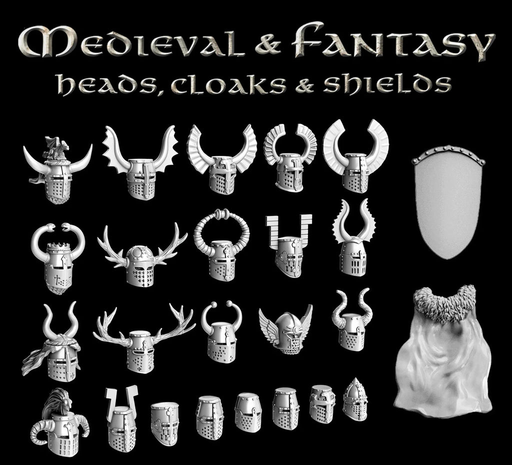 Victrix Ltd 28mm Hard Plastic Medieval & Fantasy Heads, Cloaks & Shields VXE002