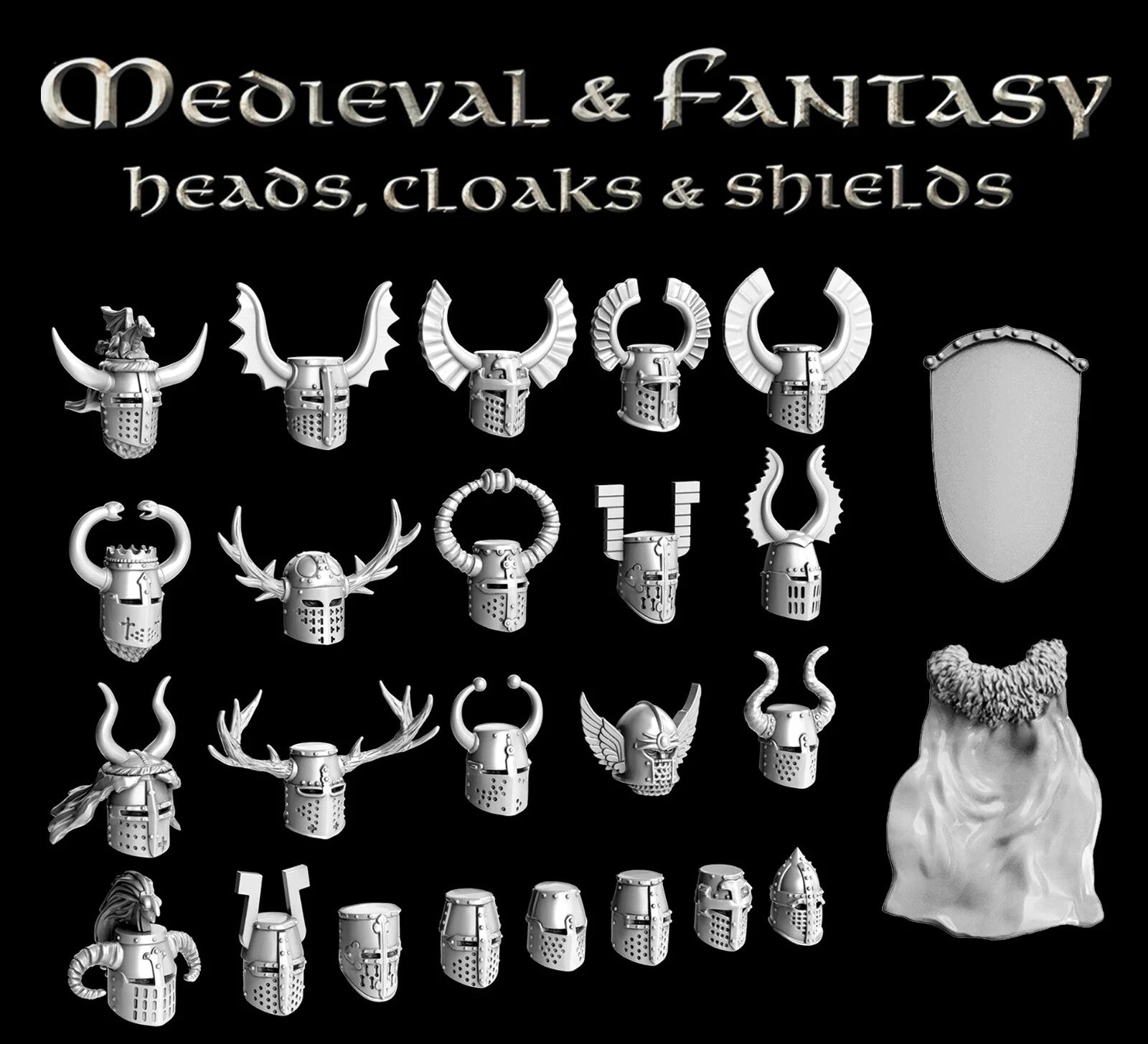 Victrix Ltd 28mm Hard Plastic Medieval & Fantasy Heads, Cloaks & Shields VXE002