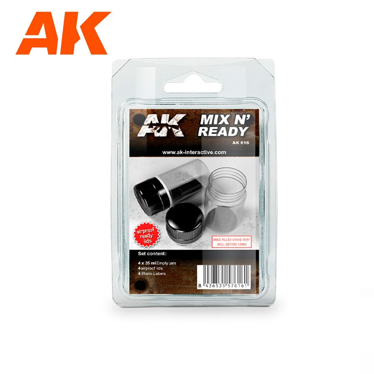 AK Interactive Mix N' Ready 35ml Empty Jars 4 Piece Set With Airproof Lids AK616