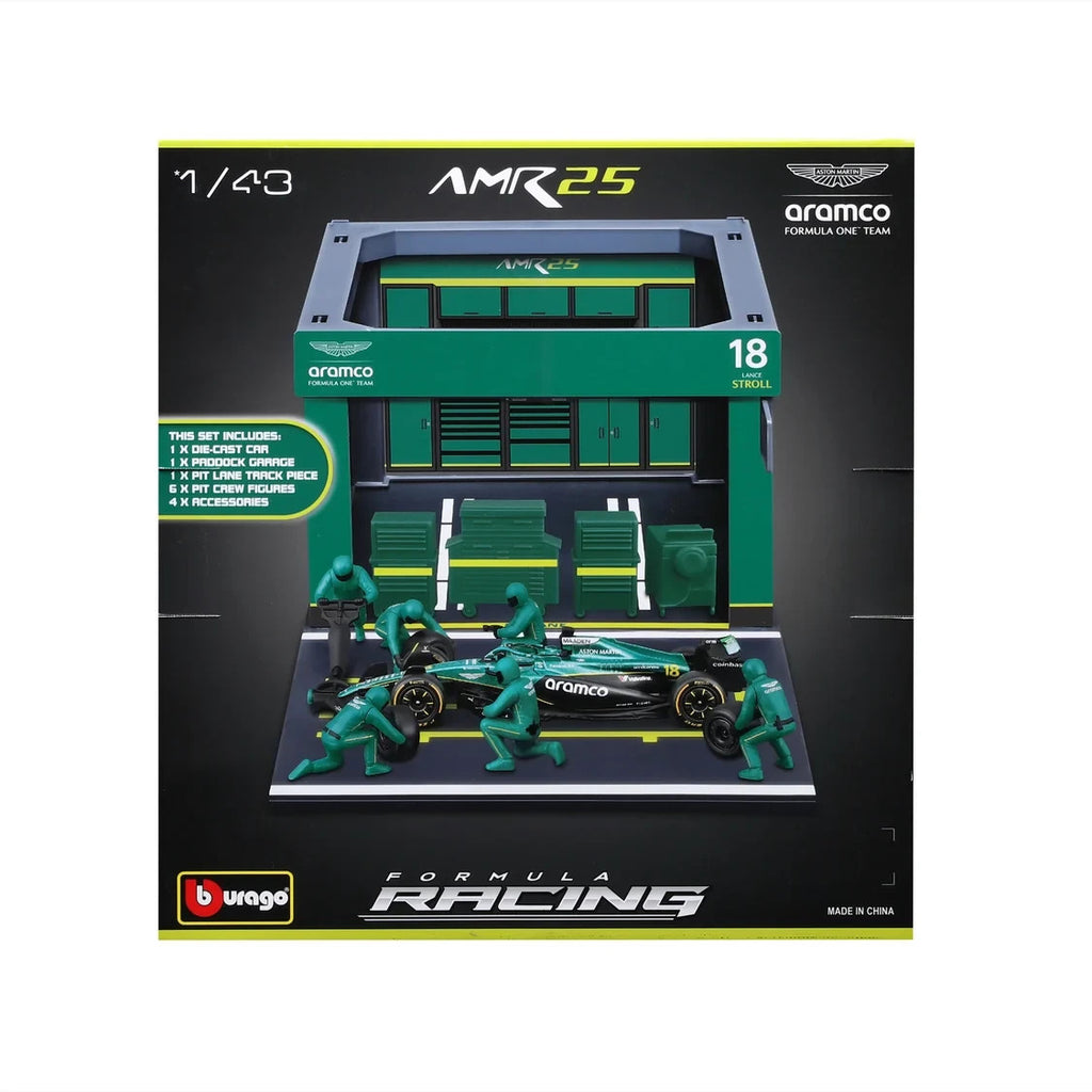 Burago 1:43 Aston Martin Cognizant Aramco Formula 1 Team Pit Pass Diorma Playset - #18-38460S