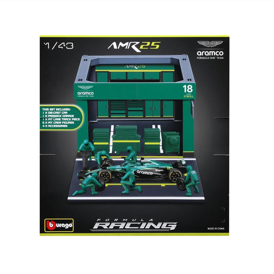Burago 1:43 Aston Martin Cognizant Aramco Formula 1 Team Pit Pass Diorma Playset - #18-38460S