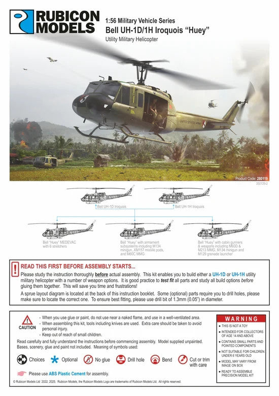 Rubicon Models 1:56 Scale Bell UH-1D / UH-1H "Huey" Military Helicopter - 280119