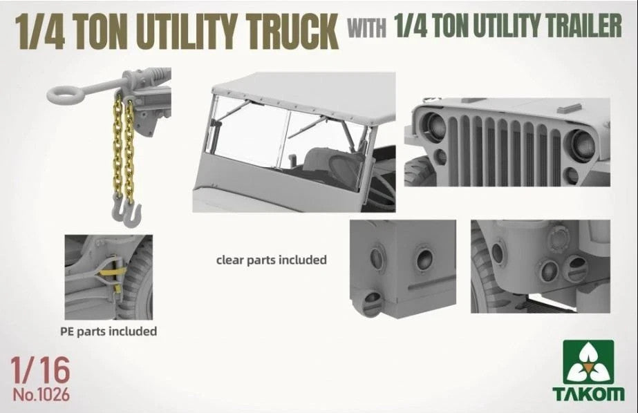 Takom 1:16 Scale WWII 1/4 Ton Utility Truck With 1/4 Ton Utility Trailer - 1026